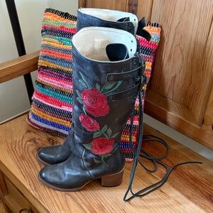 Freebird Black Leather Boots with Red Floral Embroidery